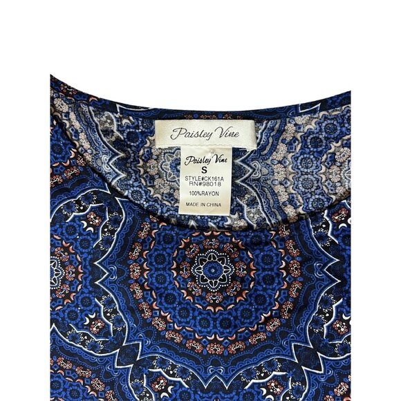 Paisley Vine Women's Navy Mustard Scoop Neck 3/4 Bell Sleeve Tunic Dress - Picture 3 of 6